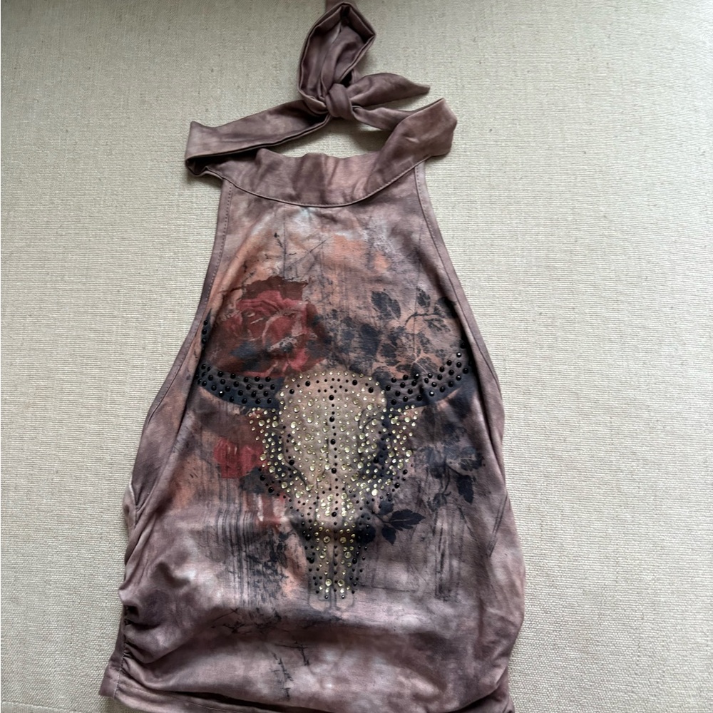 Brown Halter Top with Bull Skull Design